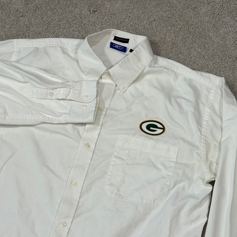 VTG Reebok Green Bay Packers Button Down Shirt Mens XL Long Sleeve White NFL‎
